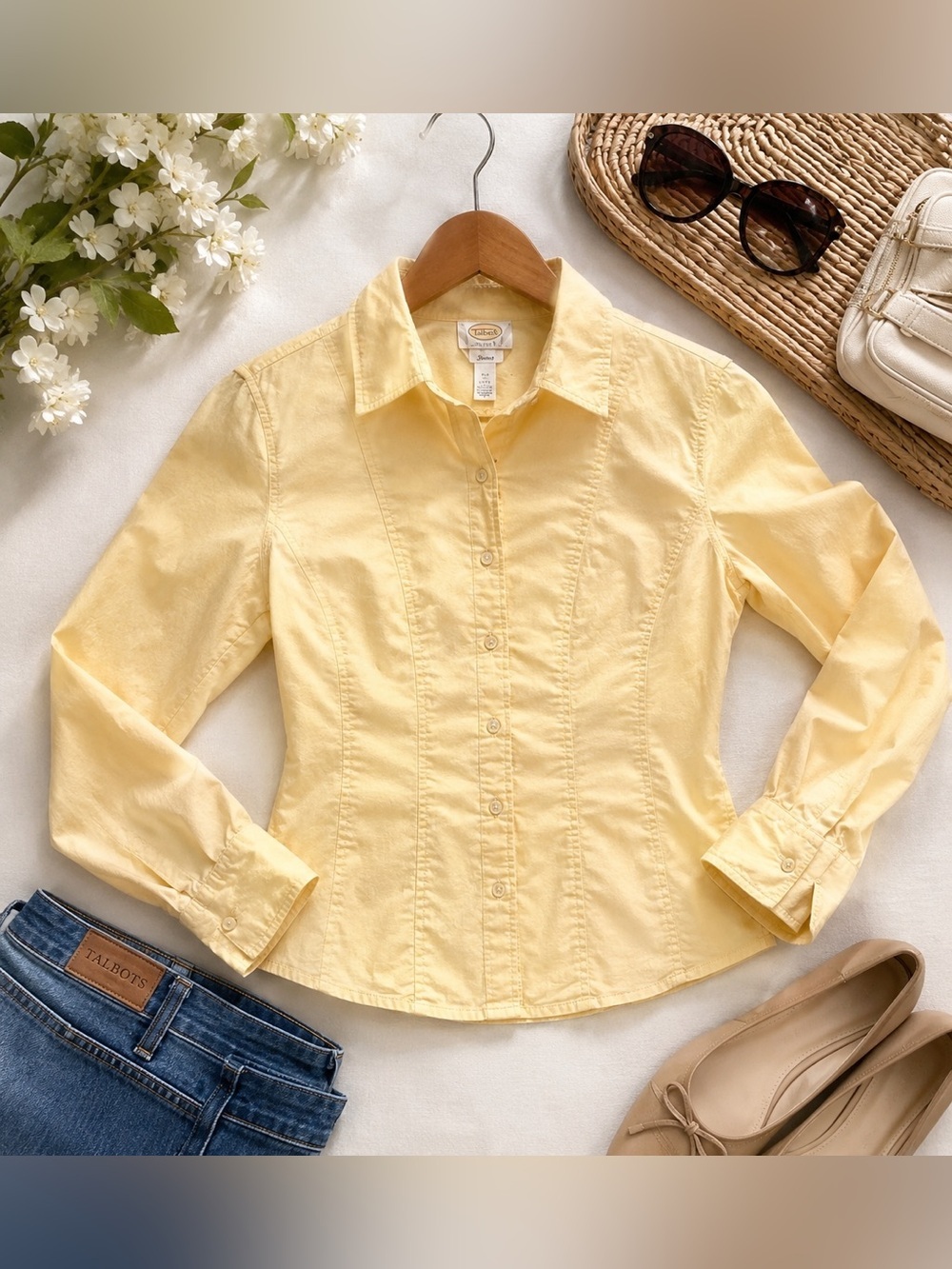 Talbots Petites Yellow Button Front Collared Blouse Preppy Cottagecore Top - Picture 2 of 7